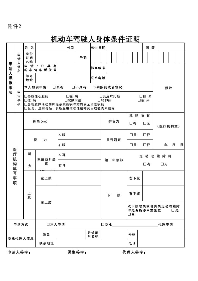 机动车驾驶证体检表