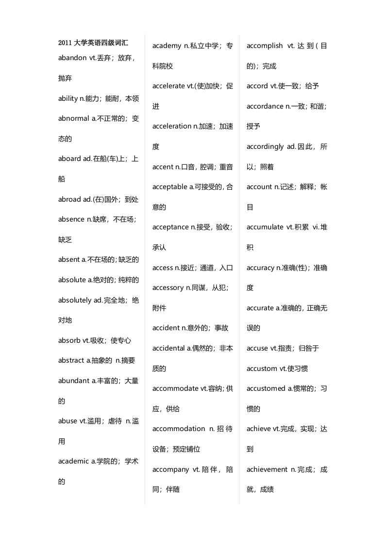 英语四级单词网上大纲摘录