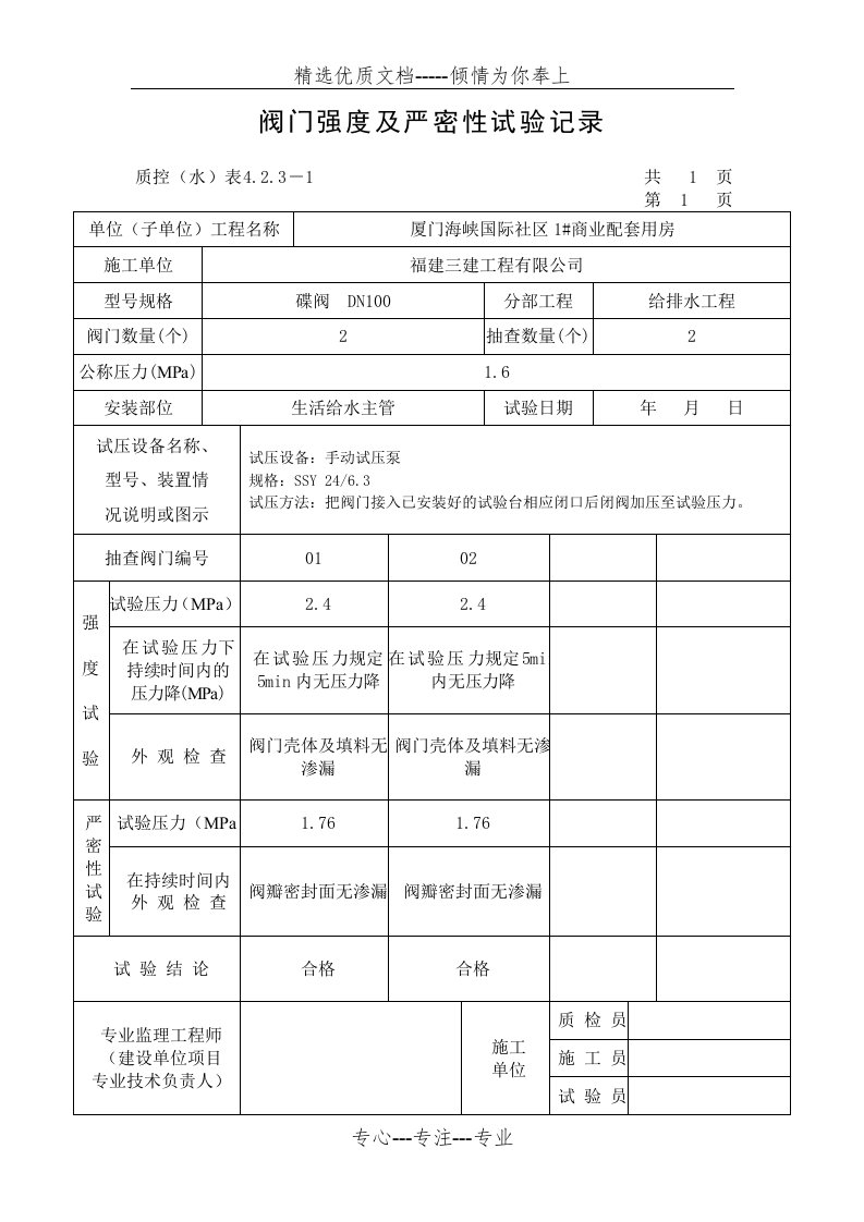 阀门强度及严密性试验记录(共14页)