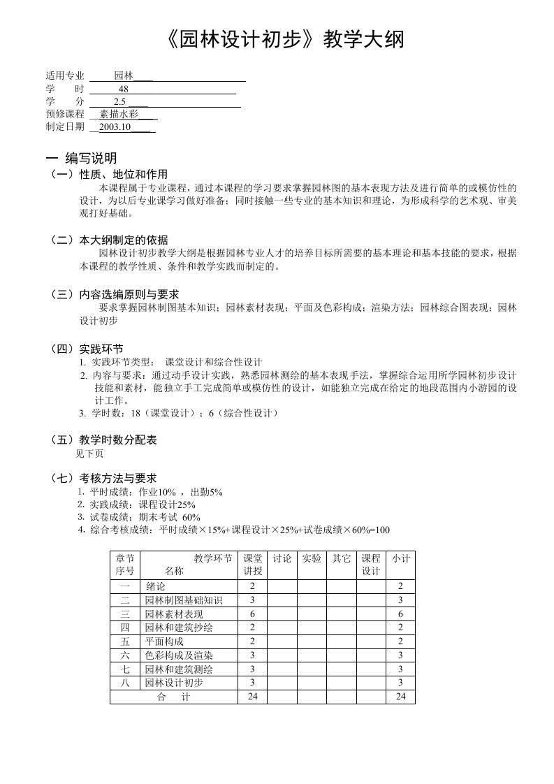 《园林设计初步》教学大纲