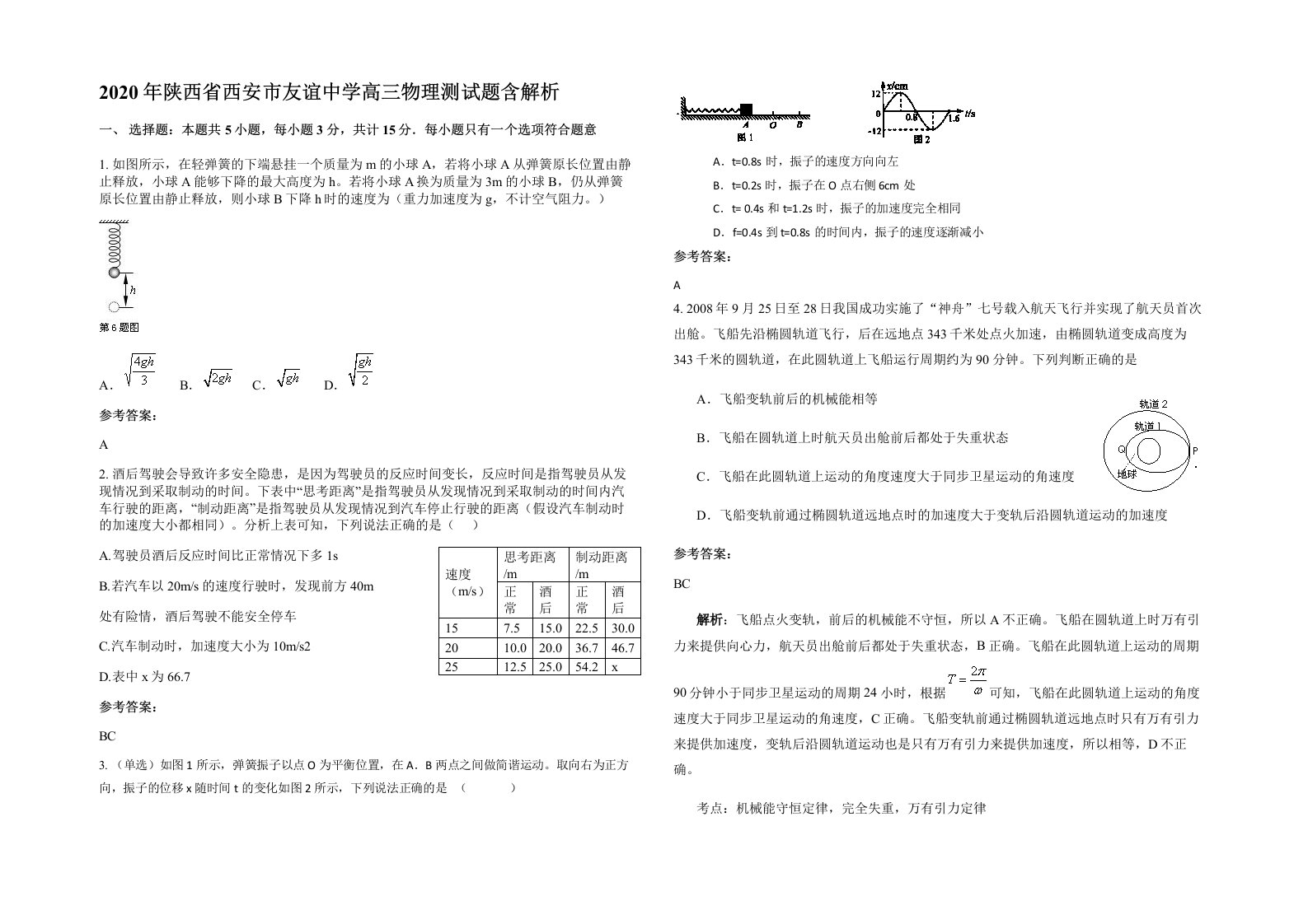 2020年陕西省西安市友谊中学高三物理测试题含解析