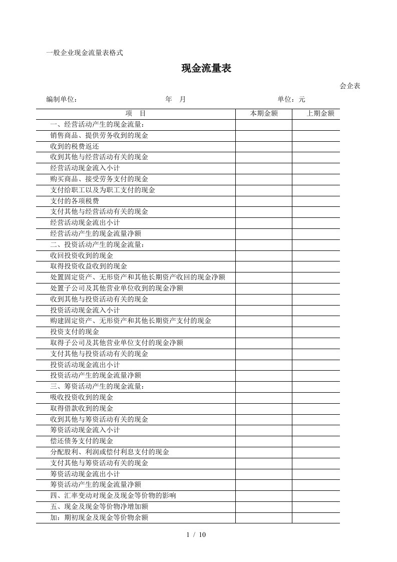 一般企业现金流量表格式