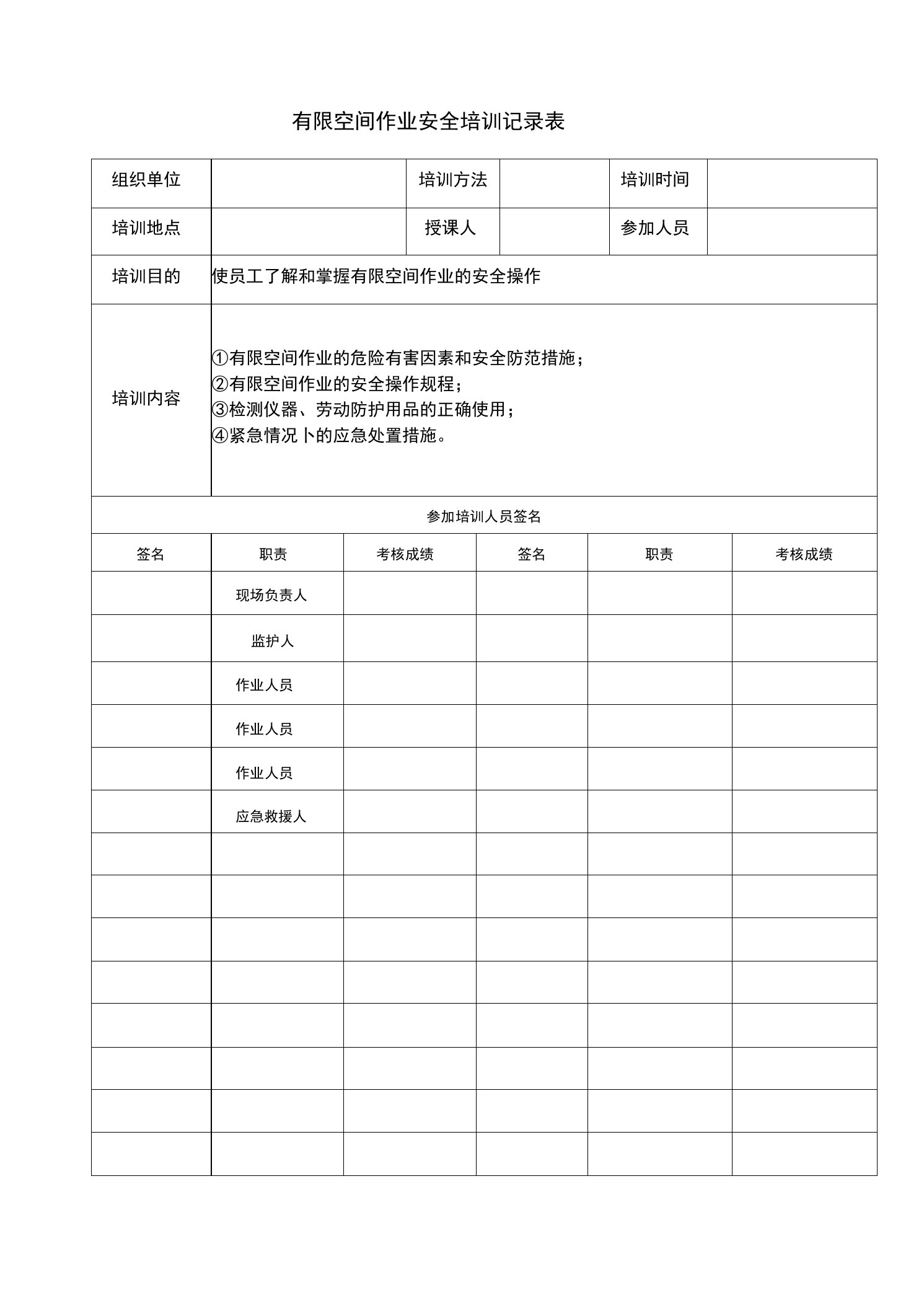 有限空间培训记录表