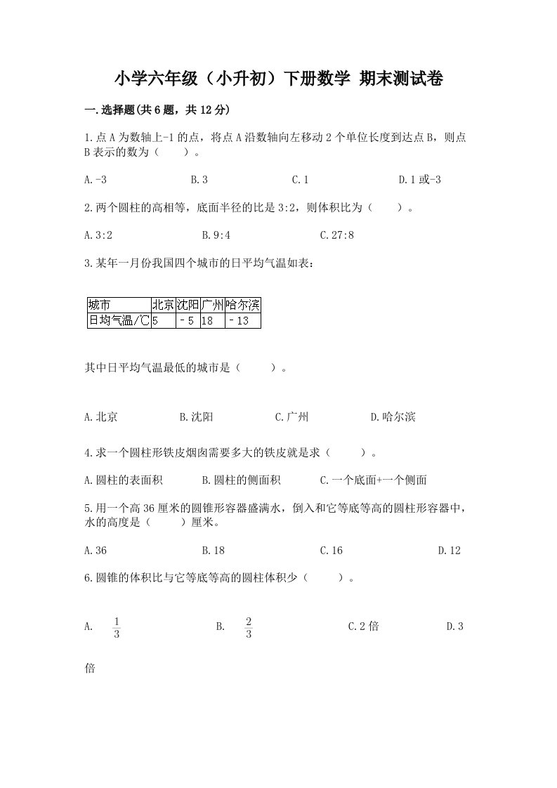 小学六年级（小升初）下册数学