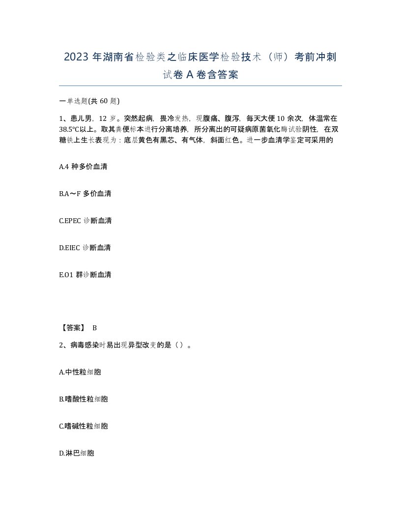 2023年湖南省检验类之临床医学检验技术师考前冲刺试卷A卷含答案