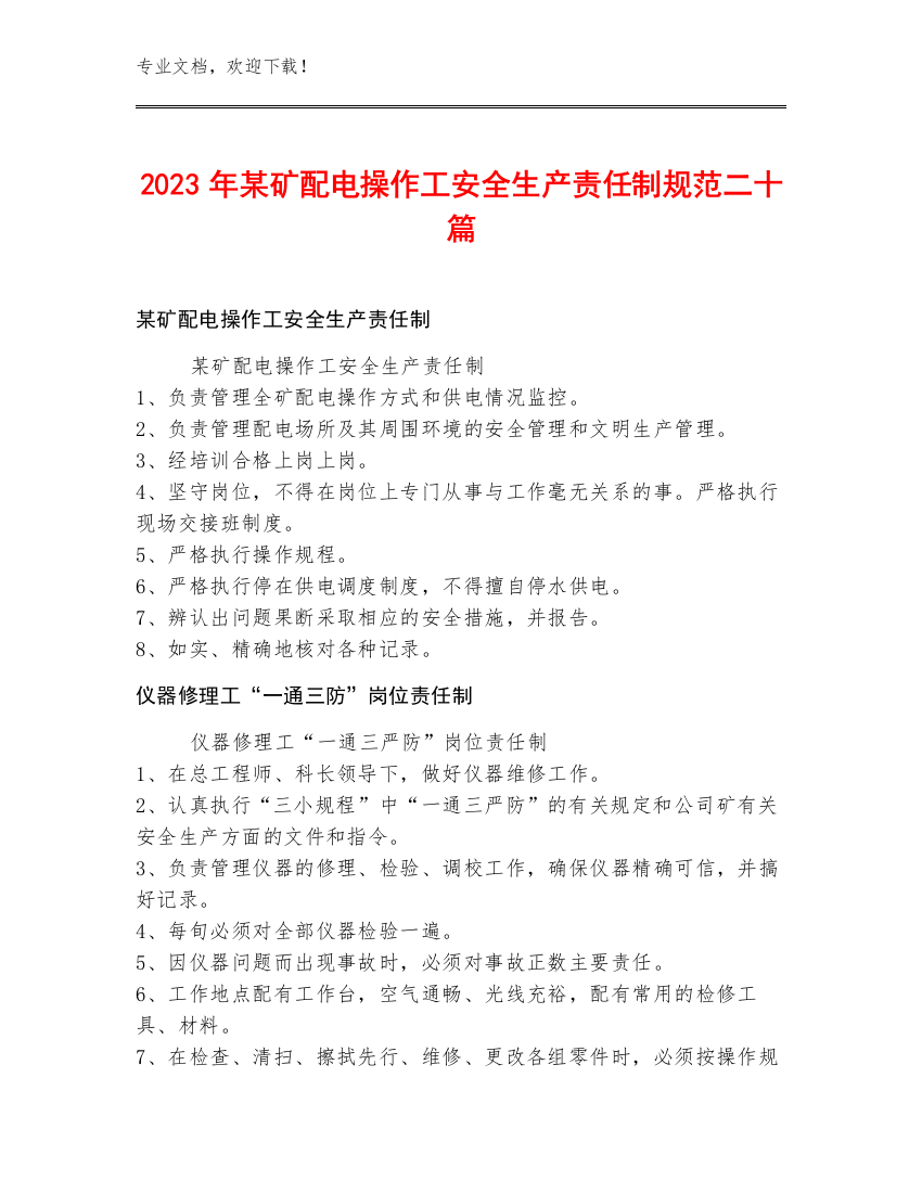 2023年某矿配电操作工安全生产责任制规范二十篇