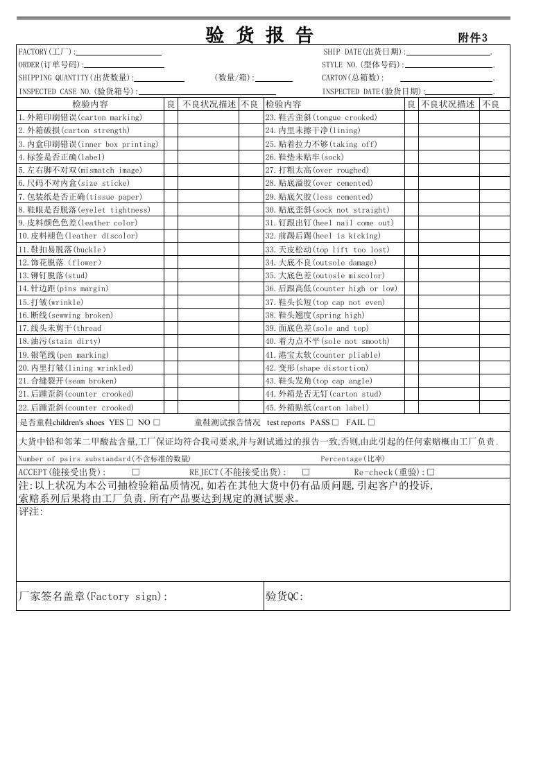 鞋类验货报告格式