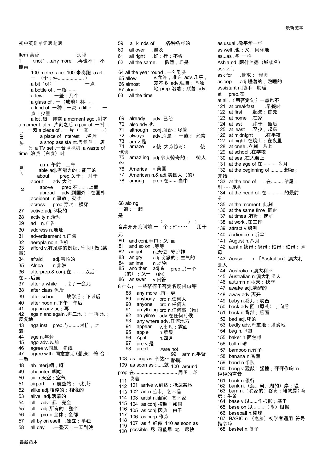 【最新】湖南中考英语：初中英语单词表总表