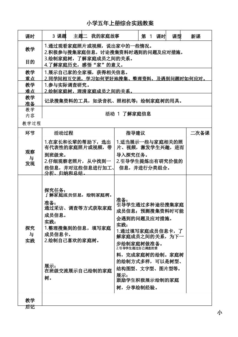 主题三我的家庭故事(教案)辽师大版五年级上册综合实践活动