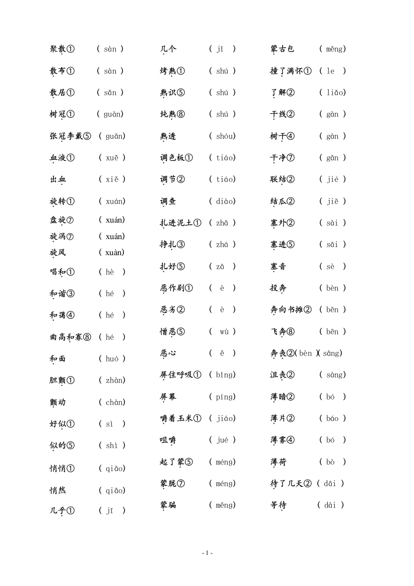 人教版六年级上多音字