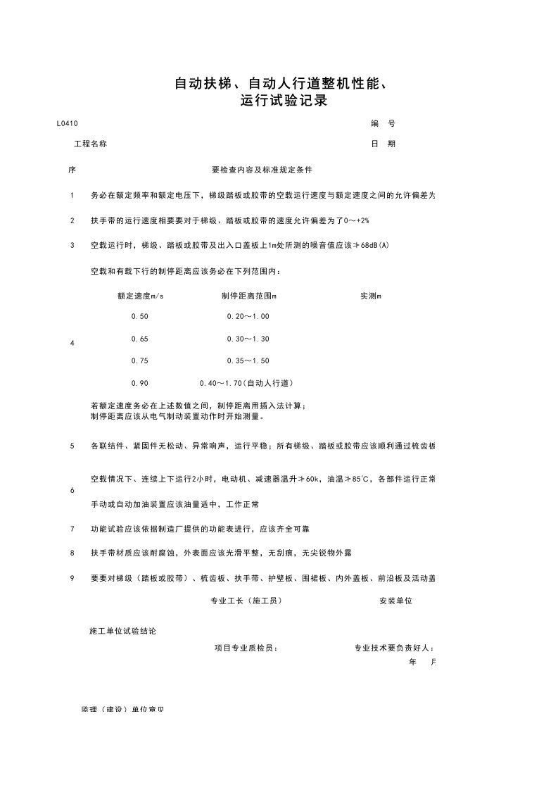 L0410_自动扶梯、自动人行道整体机性能、运行试验记录