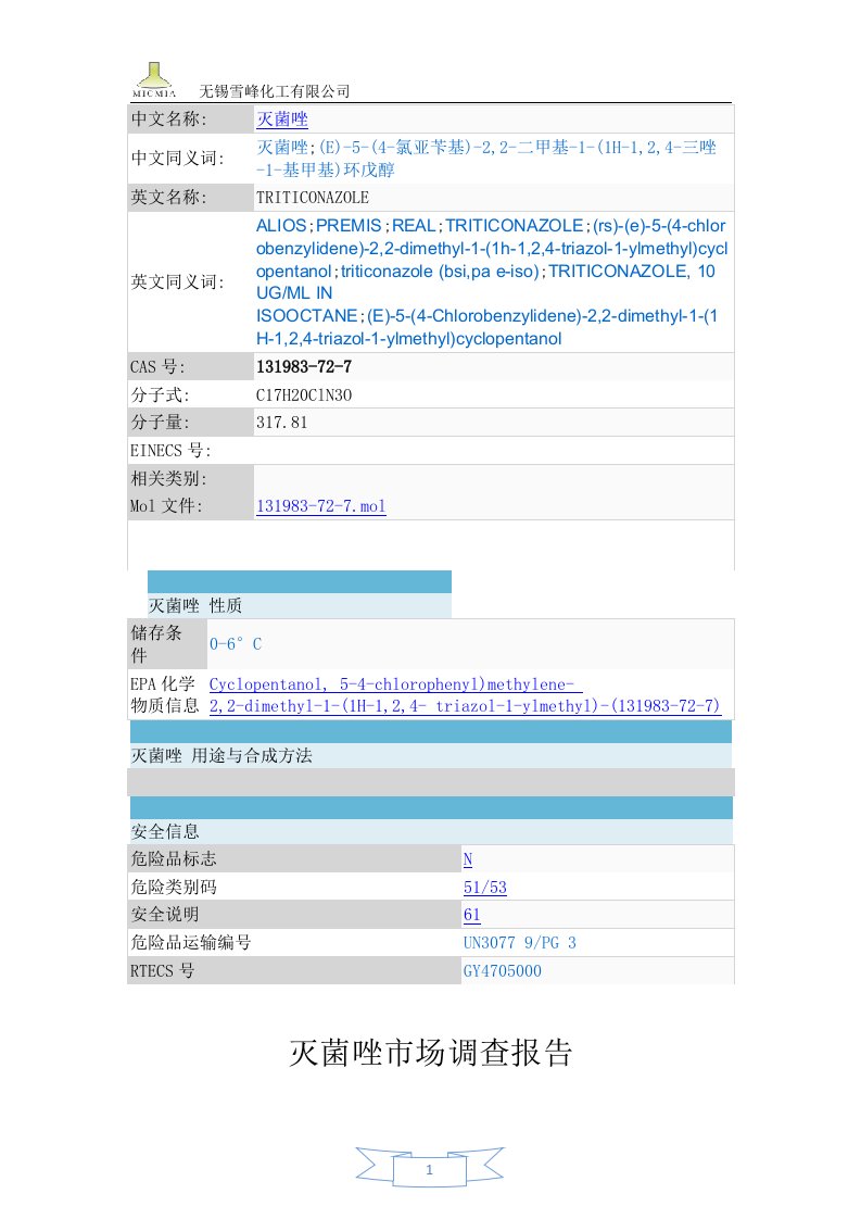 灭菌唑市场调研报告中文版