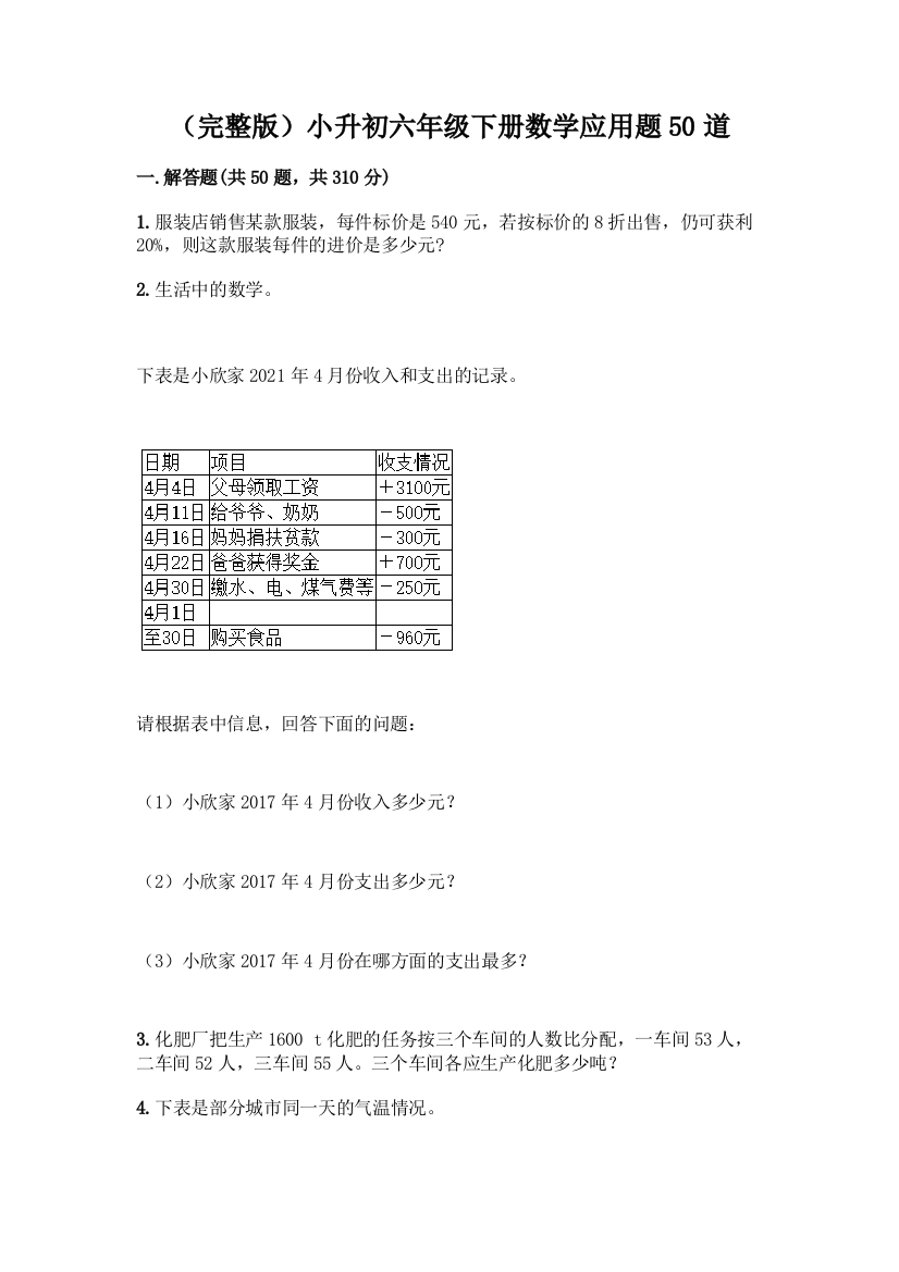 (完整版)小升初六年级下册数学应用题50道带答案【培优A卷】