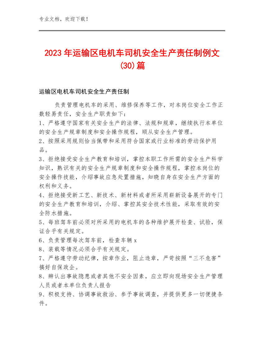 2023年运输区电机车司机安全生产责任制例文(30)篇