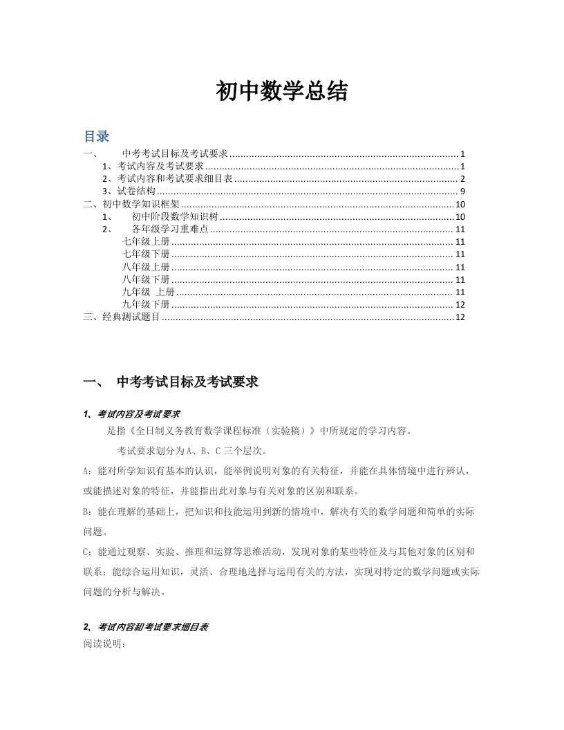 初中数学中考考试大纲考点重点问题