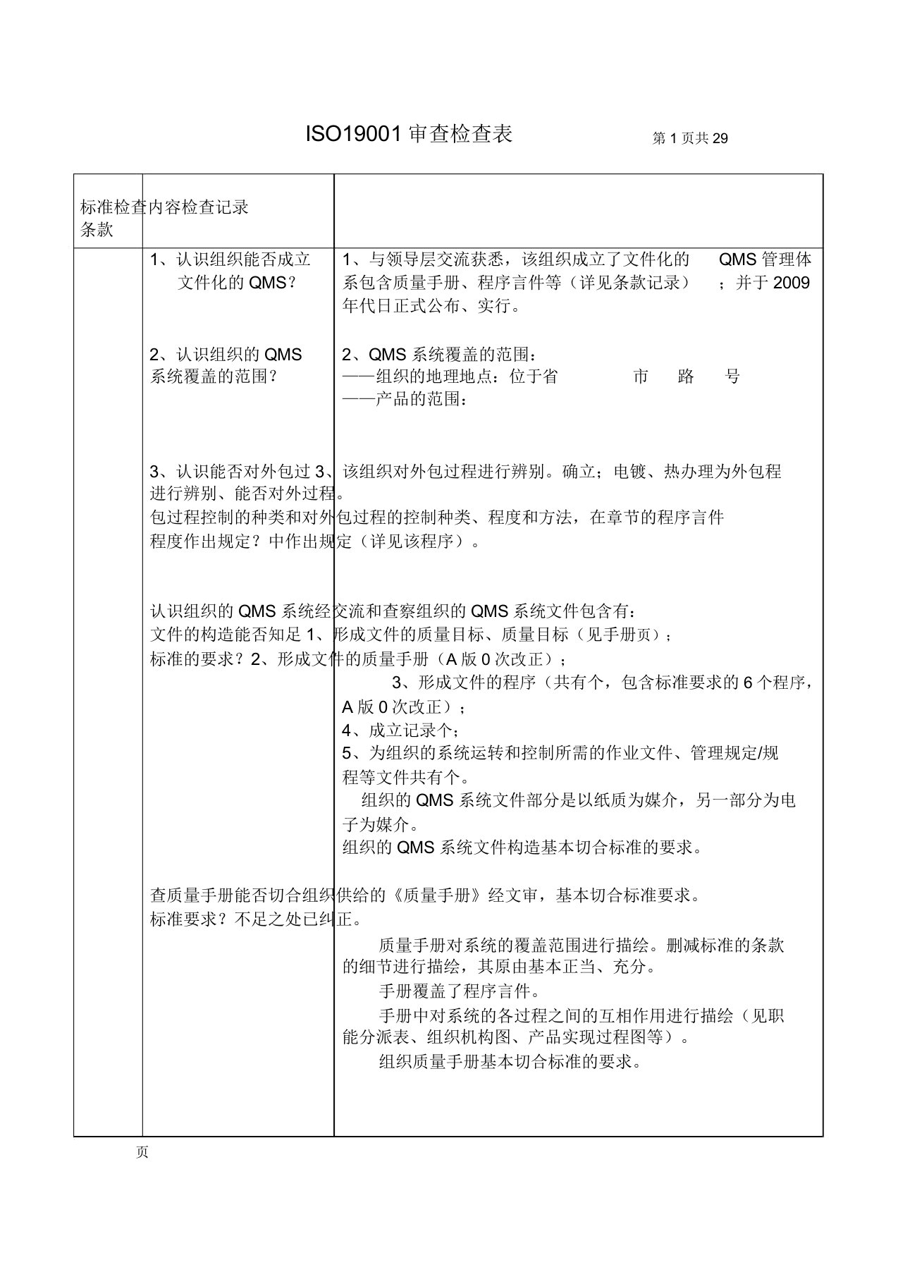 质量体系外审检查表