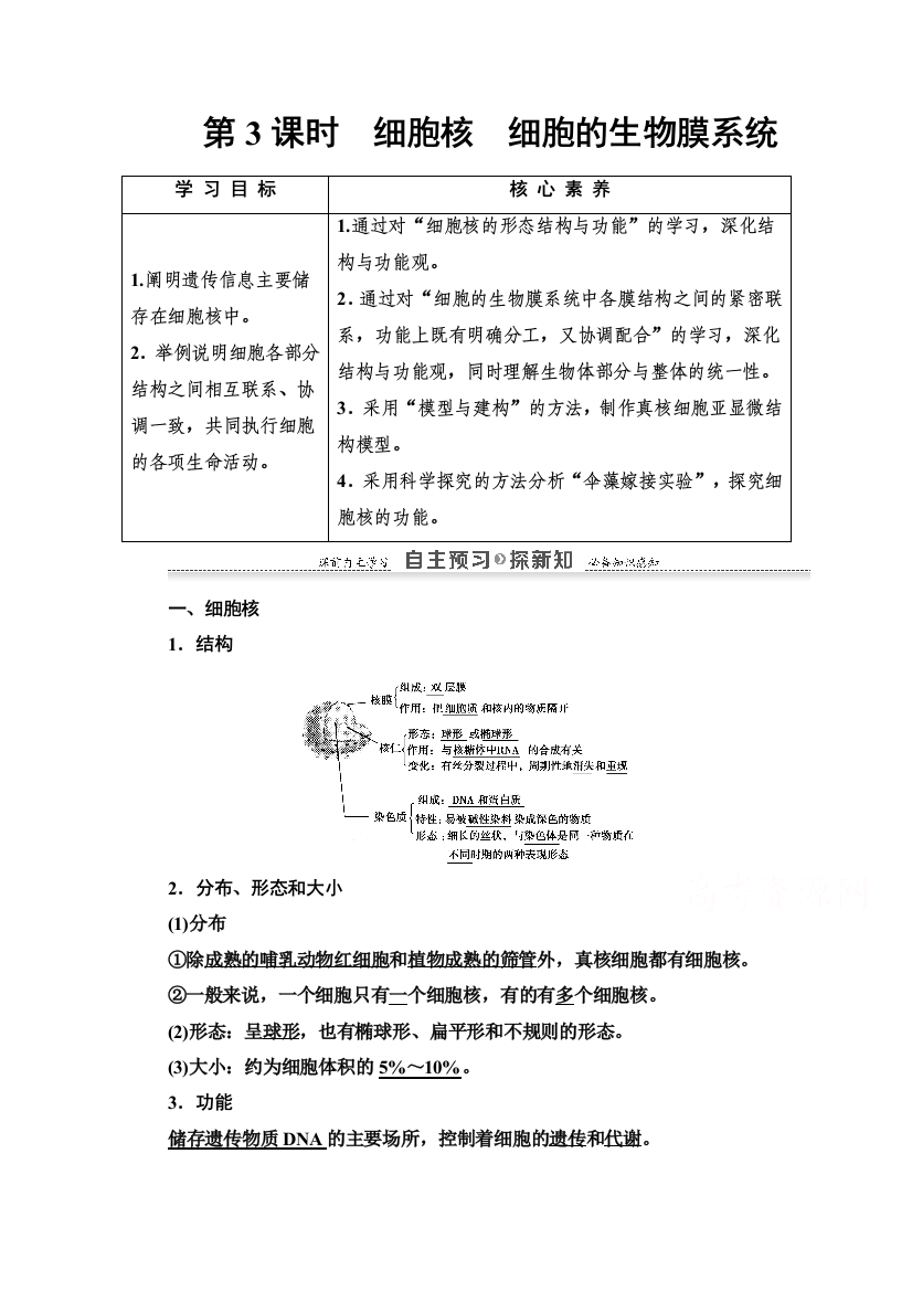 2020-2021学年生物苏教版必修一教师用书：第3章　第2节　第3课时　细胞核　细胞的生物膜系统