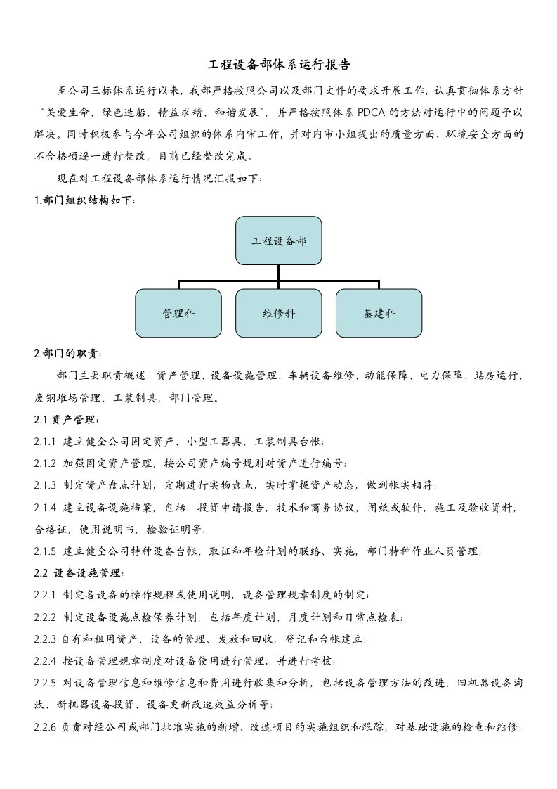 工程设备部体系运行报告