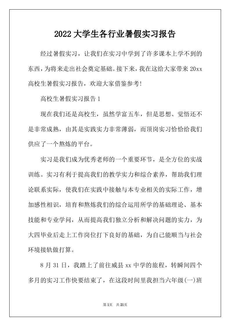 2022年大学生各行业暑假实习报告