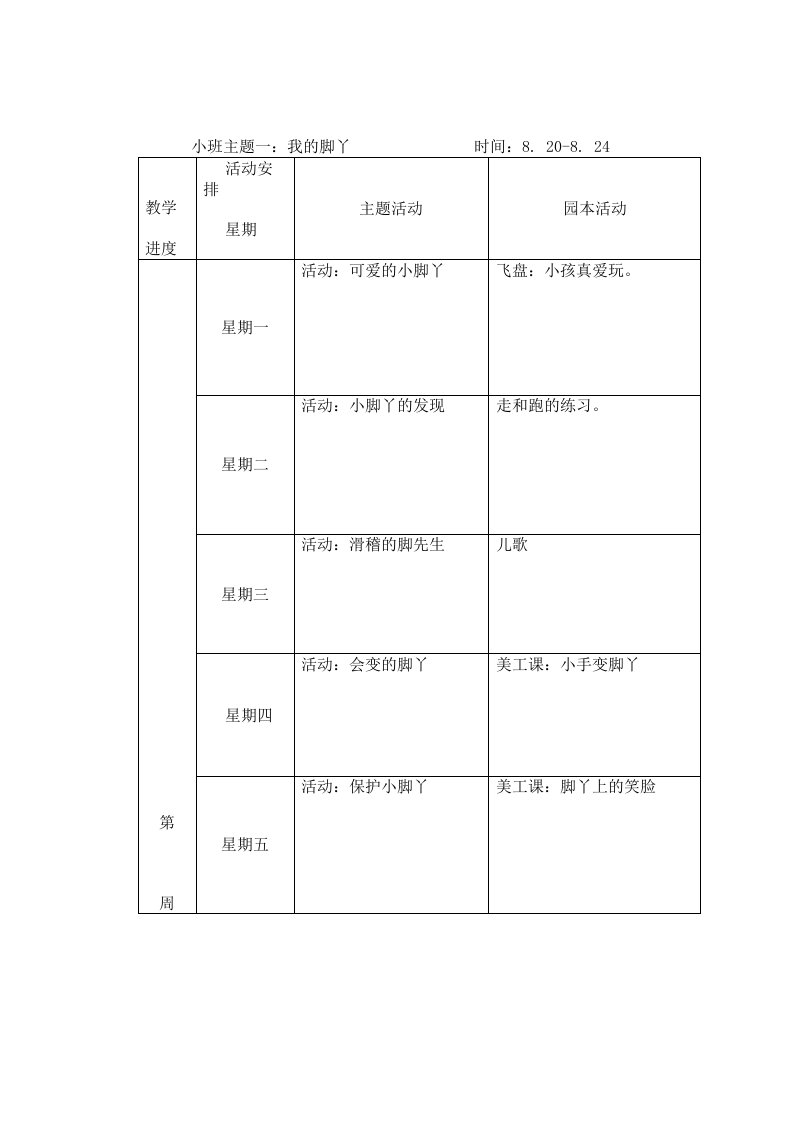 法特中心幼儿园上学期教学活动安排表小班