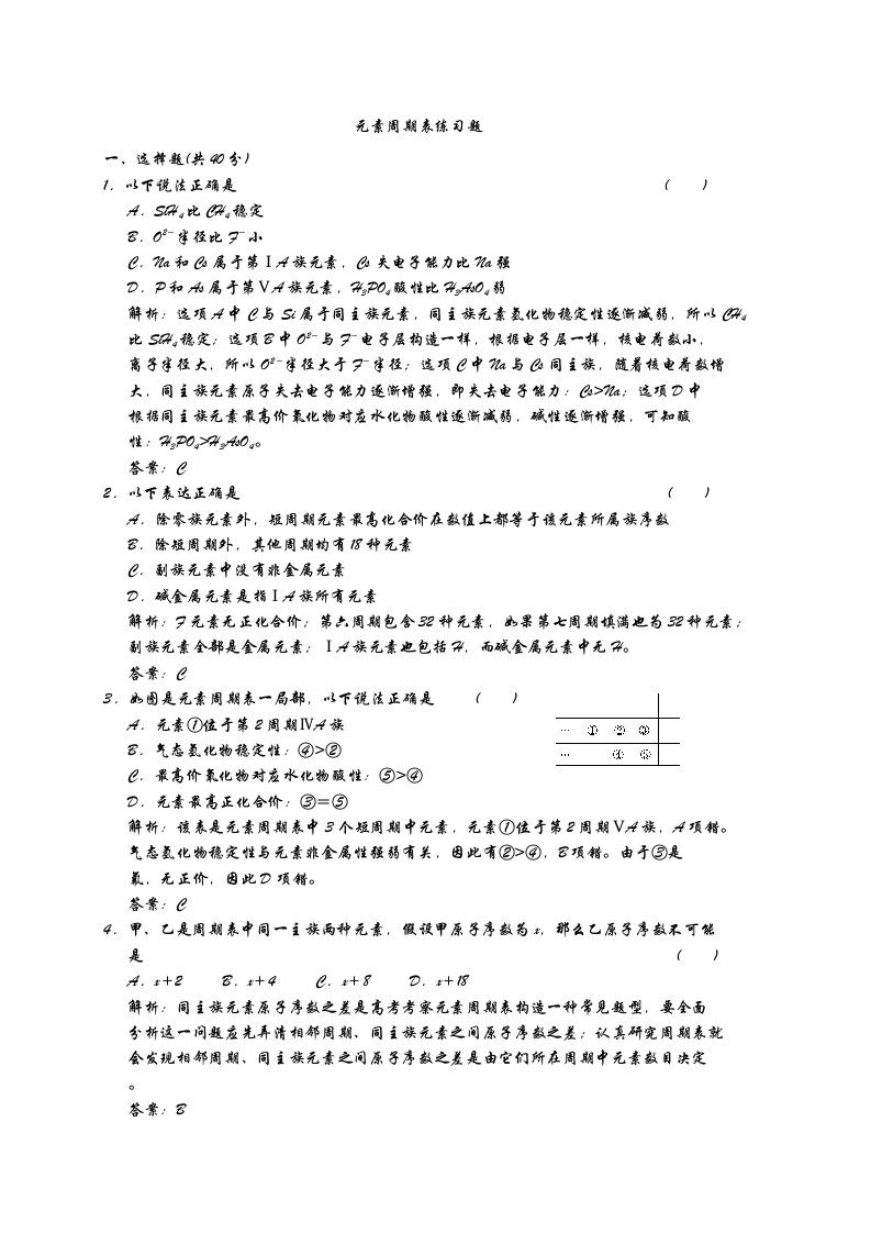 推荐高一化学元素周期表习题精编汇总