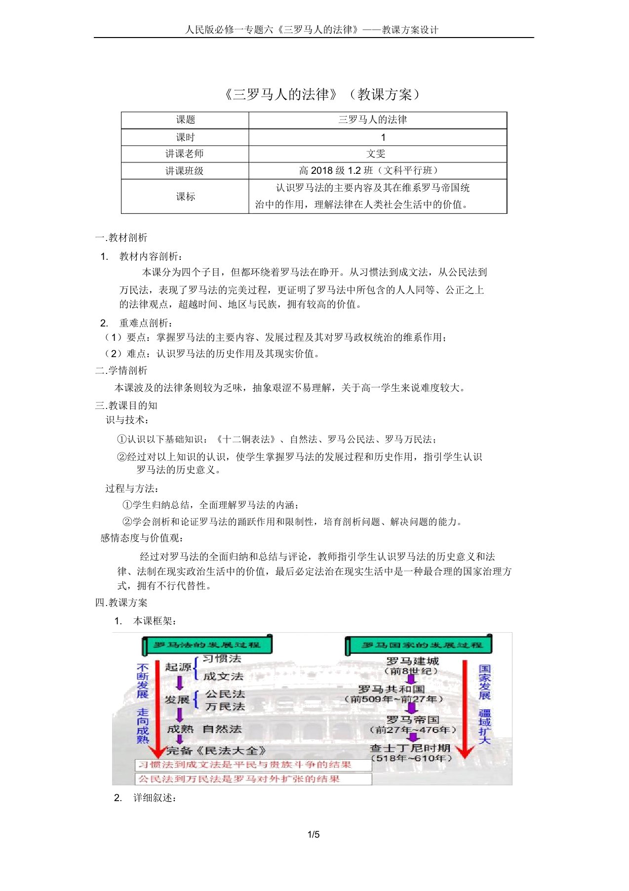 人民版必修一专题六《三罗马人的法律》——教案设计