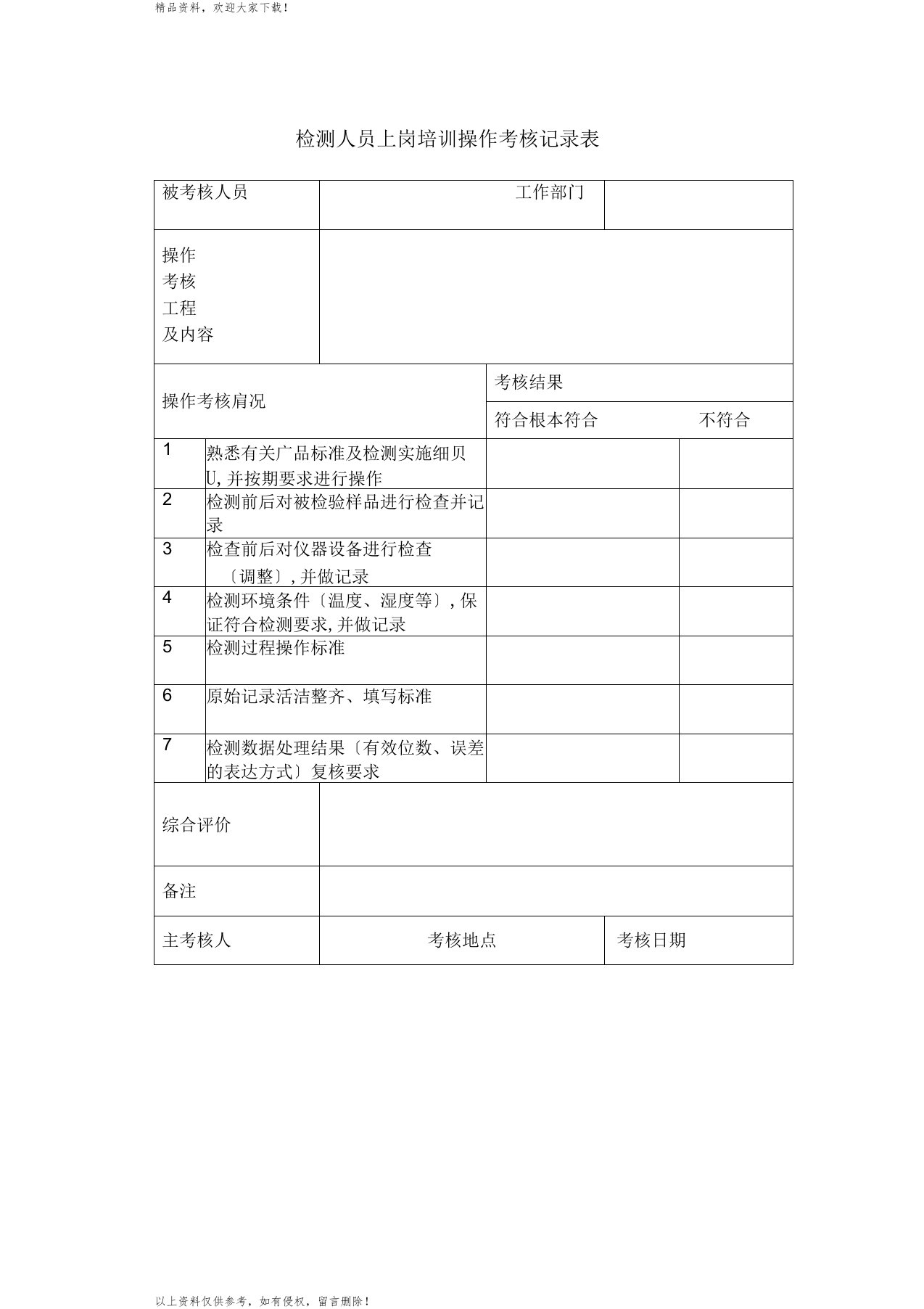 检测人员上岗培训操作考核记录表