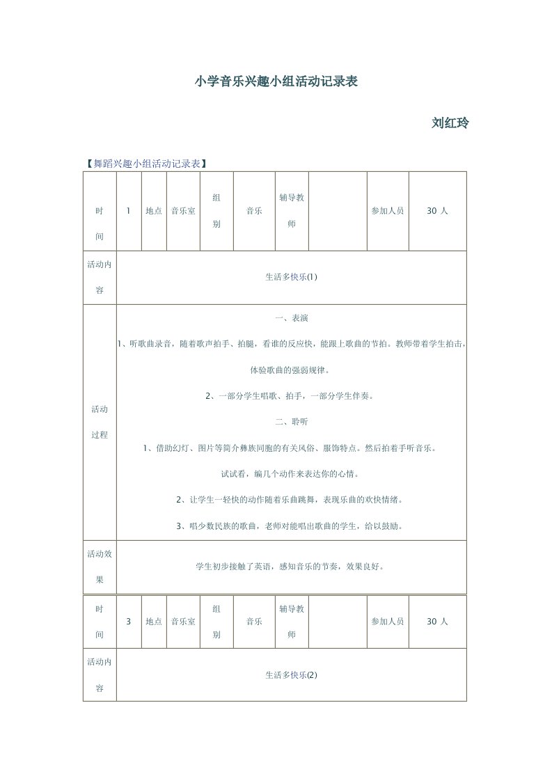 小学音乐兴趣小组活动记录表