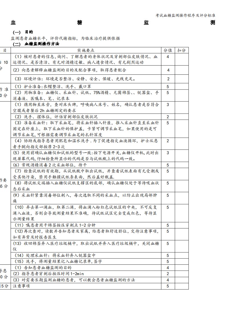 考试血糖监测操作程序及评分标准