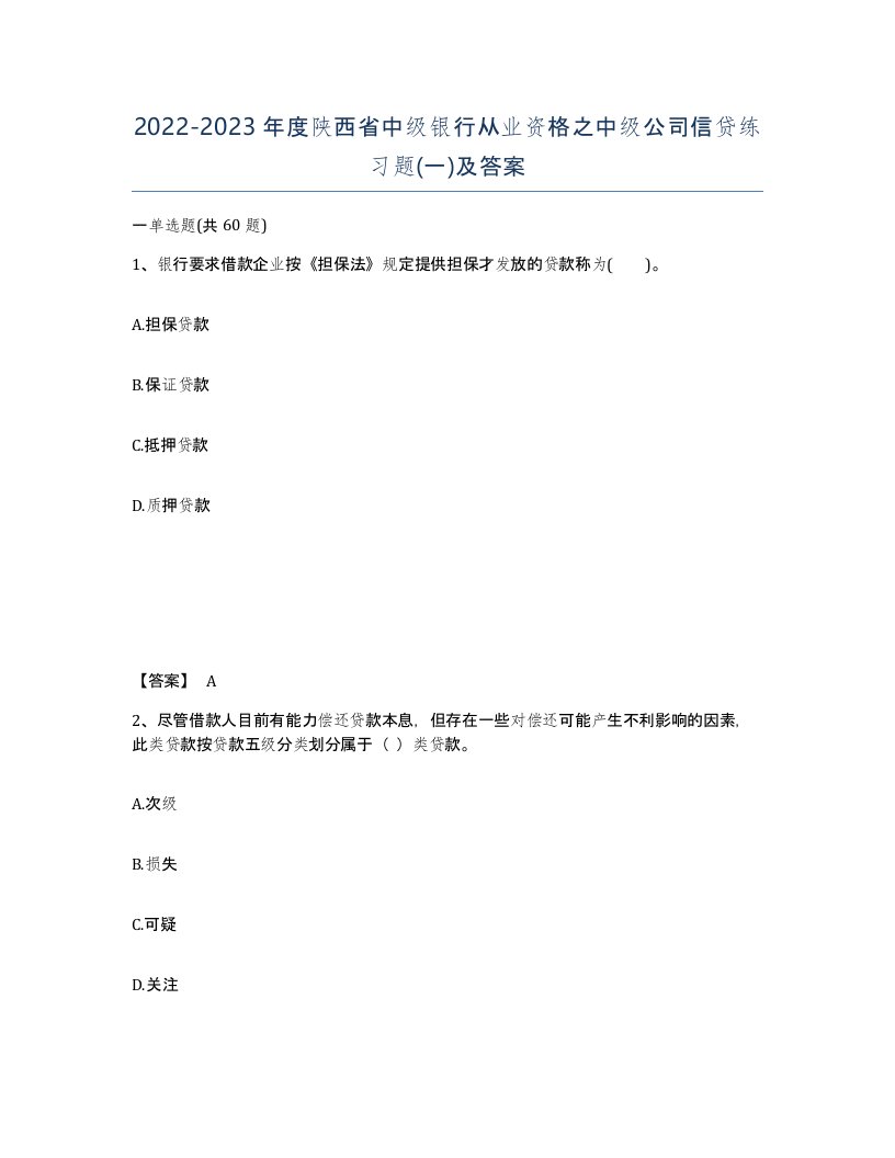 2022-2023年度陕西省中级银行从业资格之中级公司信贷练习题一及答案