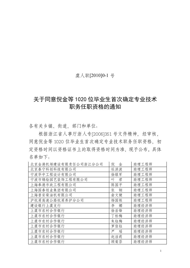 虞人职[2010]0-1号