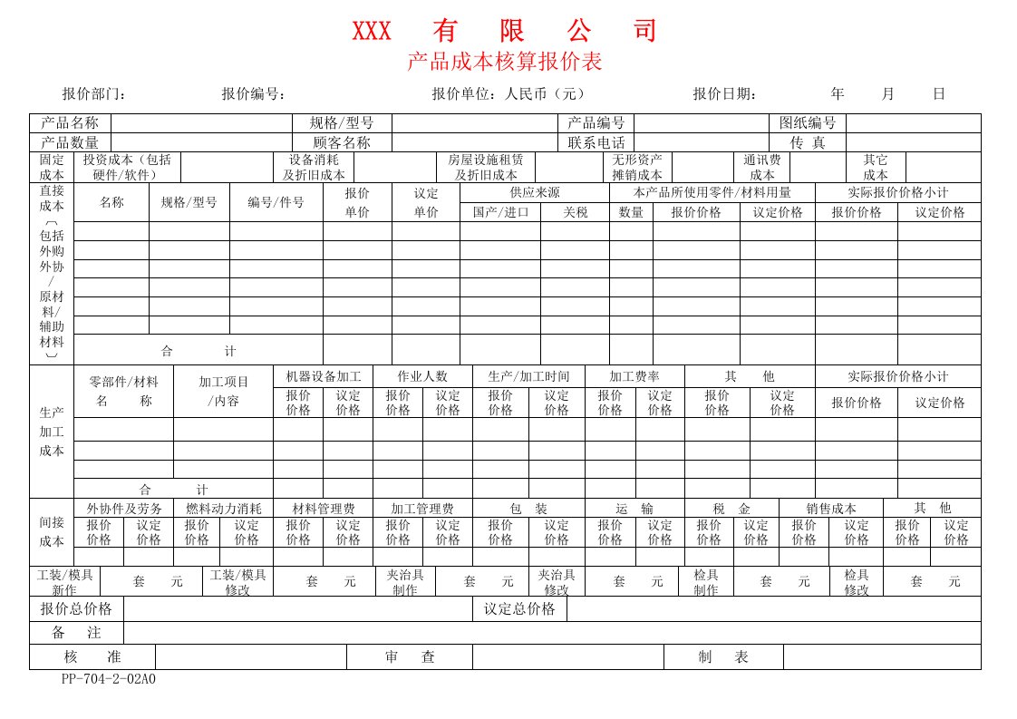 产品成本核算报价表