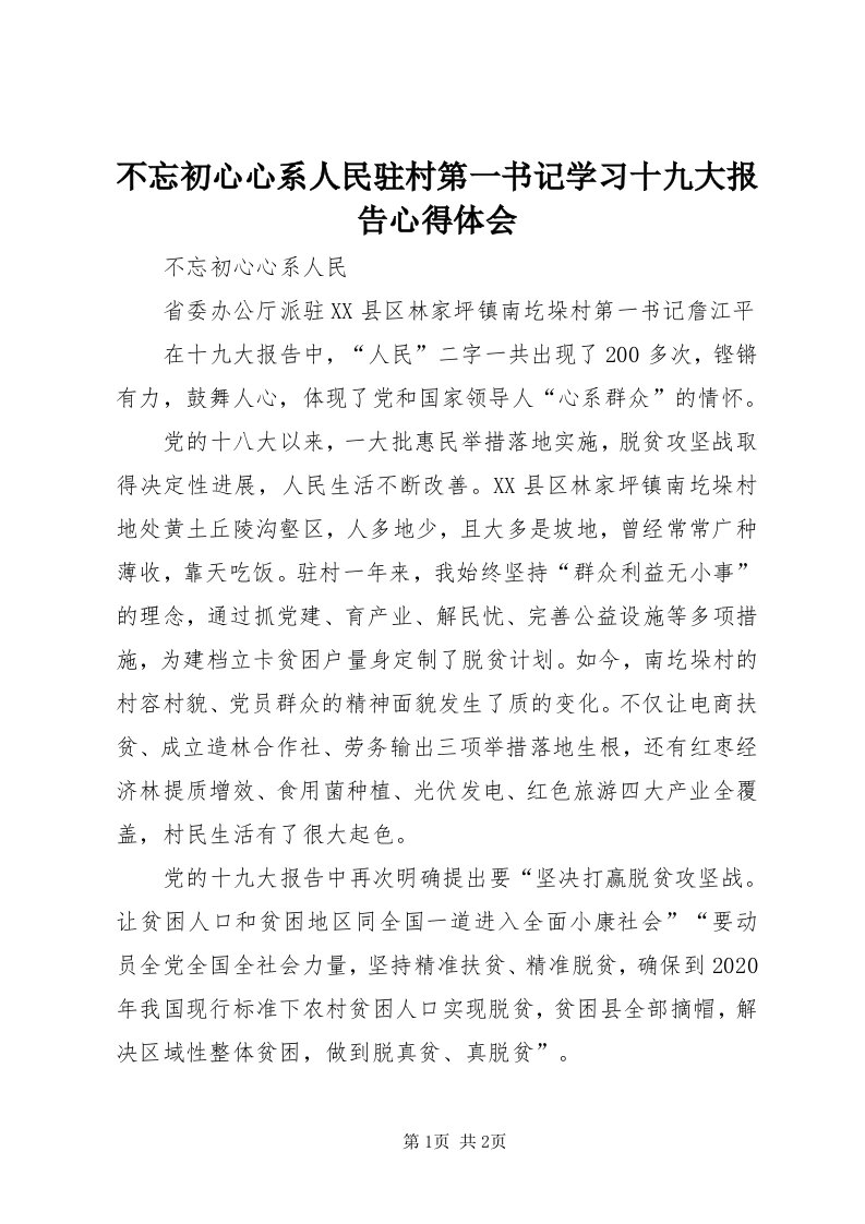 不忘初心心系人民驻村第一书记学习十九大报告心得体会