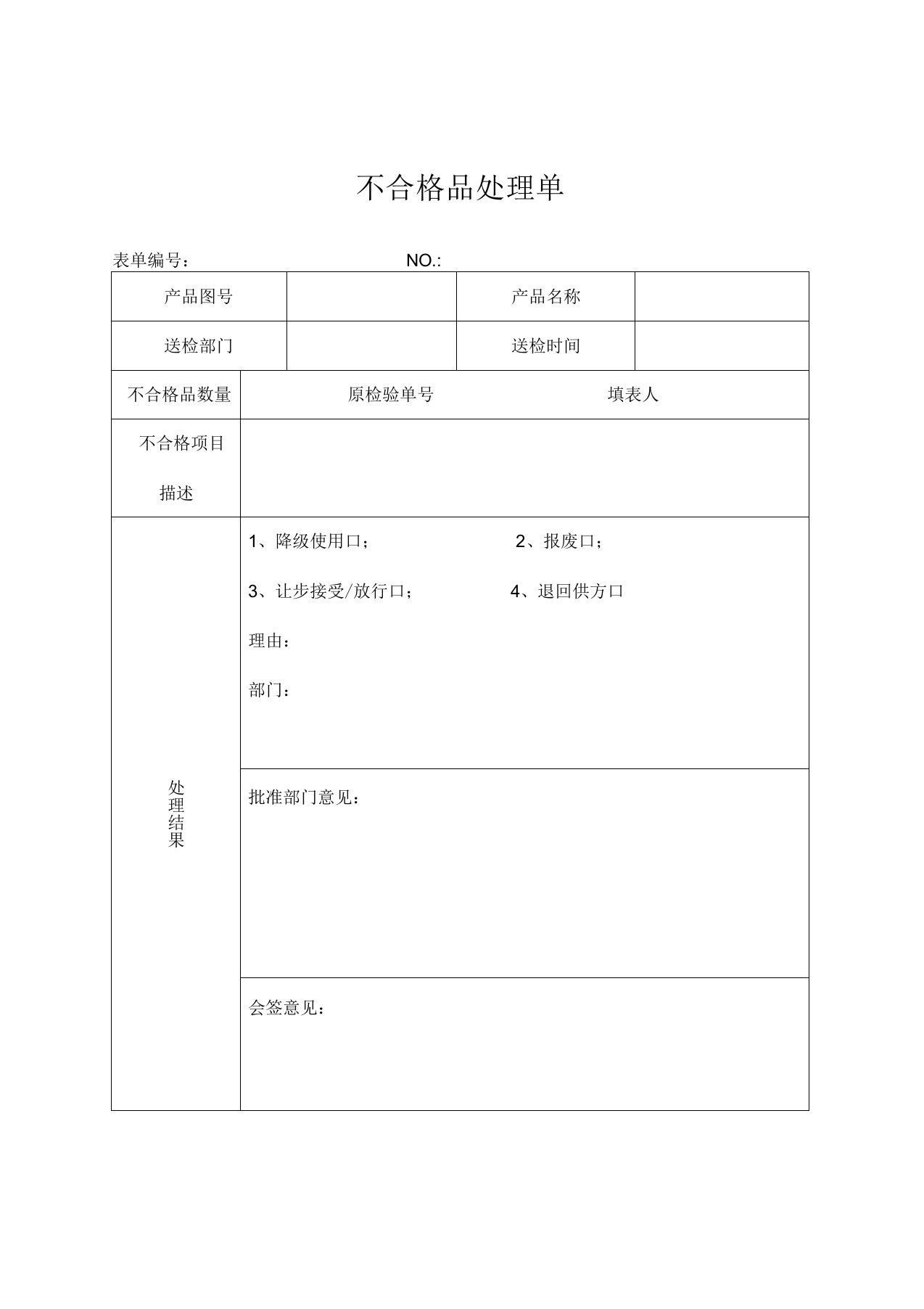 不合格品处理单