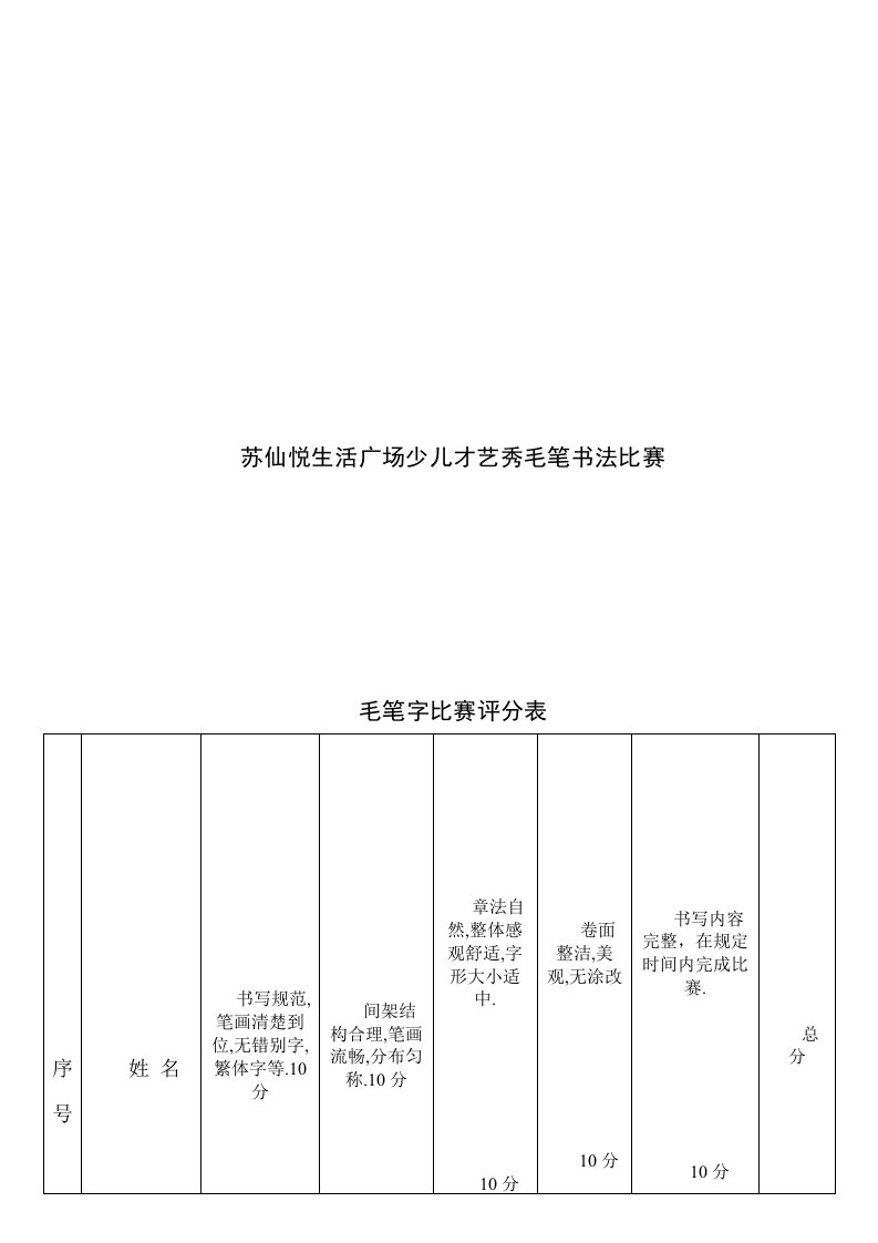 毛笔字评分表