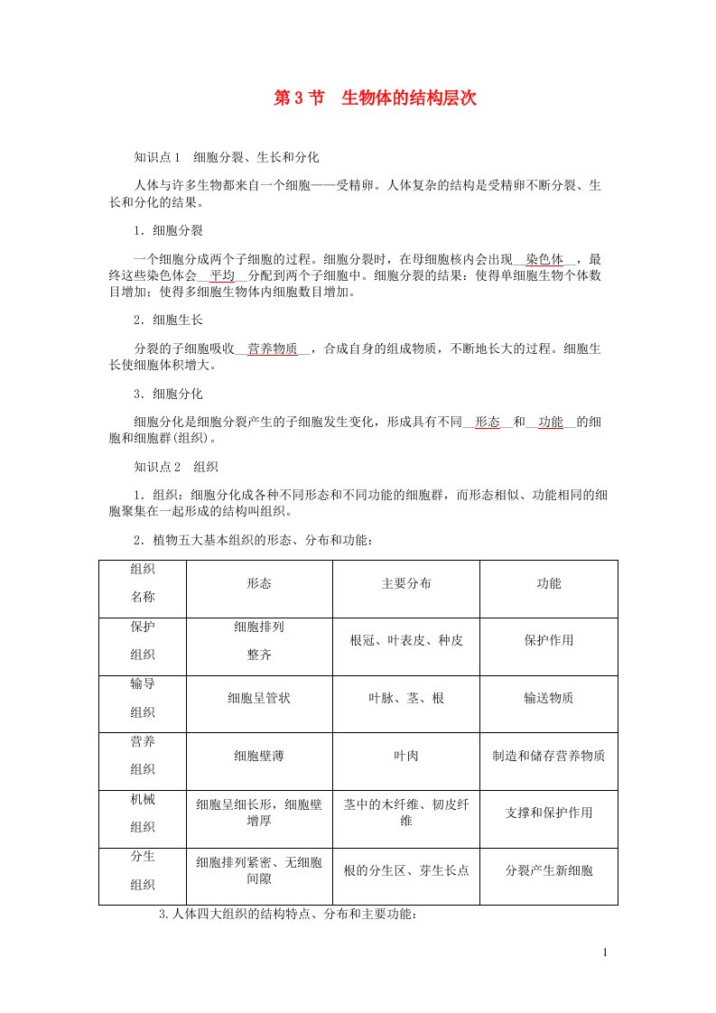 2022七年级科学上册第2章观察生物2.3生物体的结构层次提优手册新版浙教版