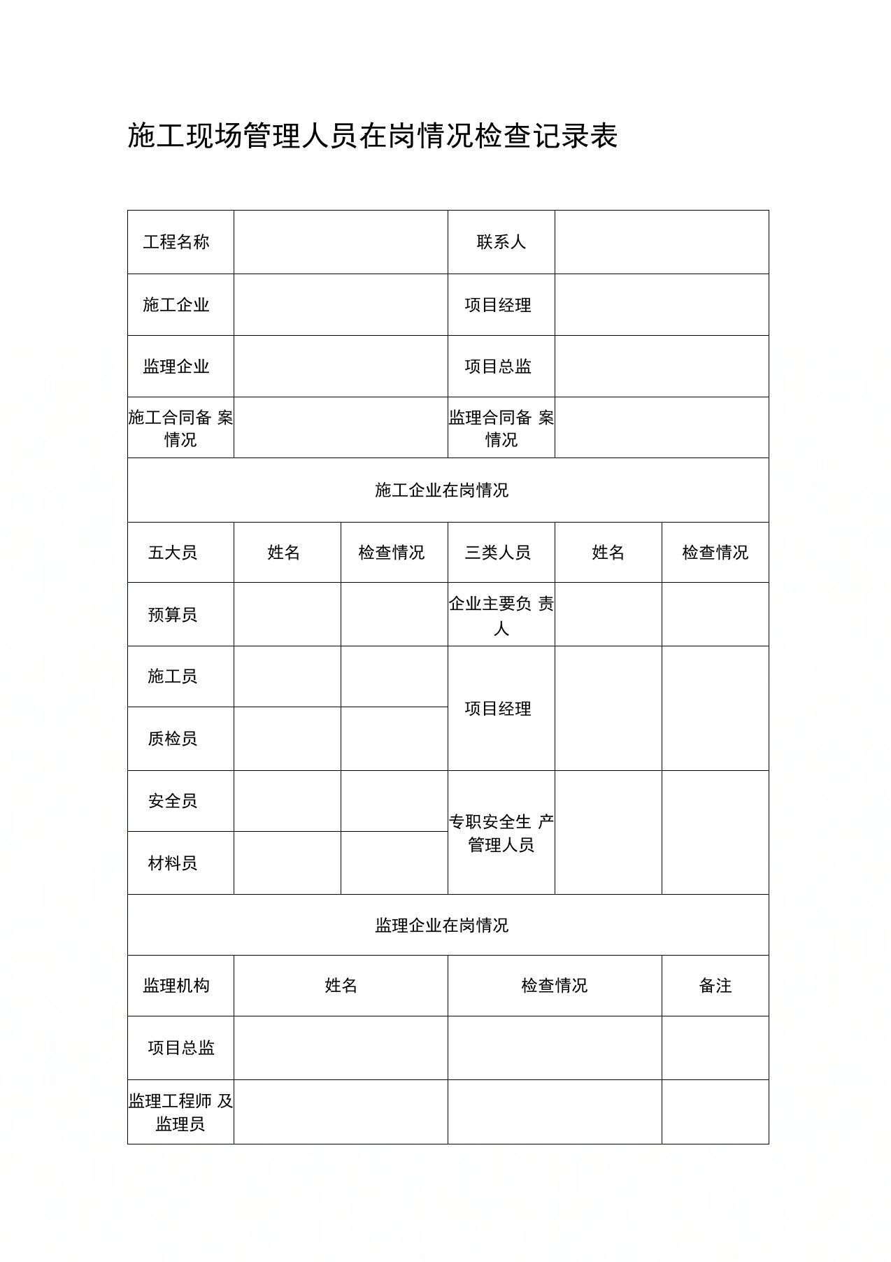 施工现场管理人员在岗情况检查记录表