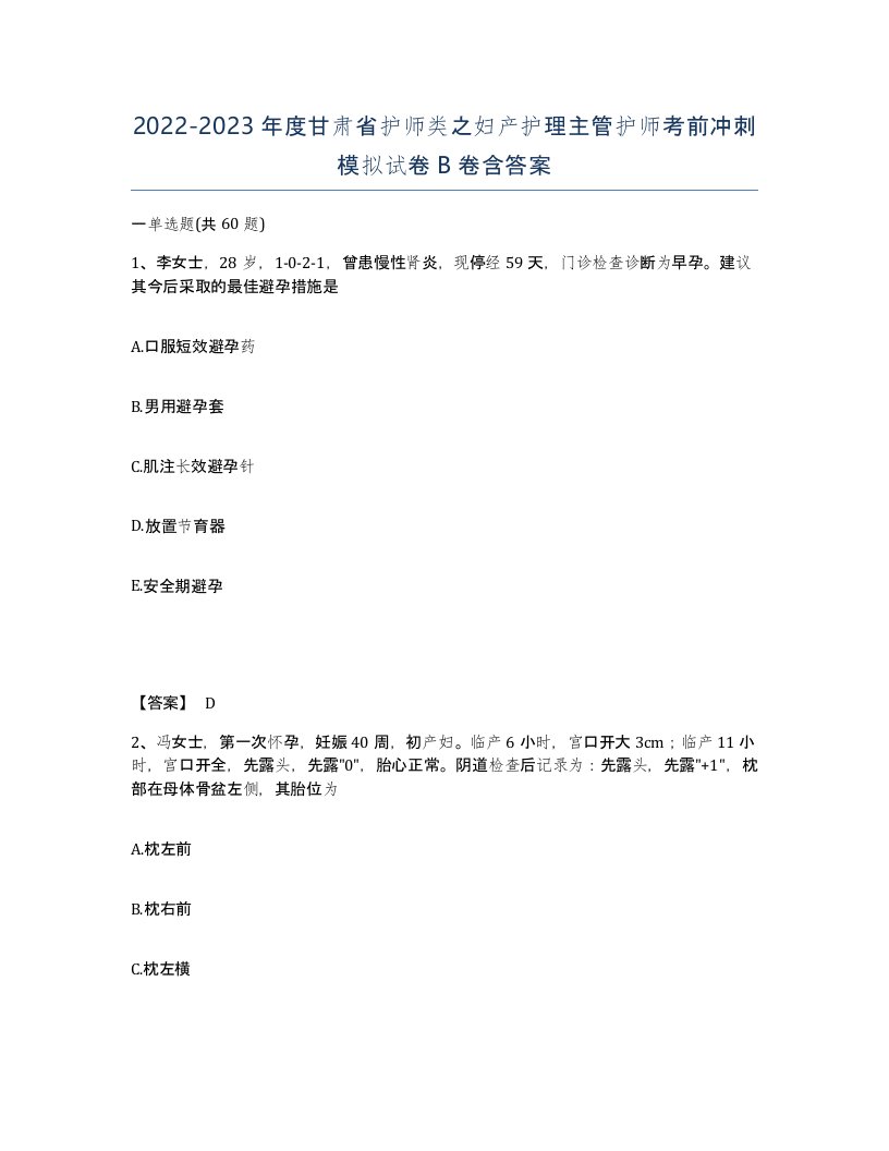 2022-2023年度甘肃省护师类之妇产护理主管护师考前冲刺模拟试卷B卷含答案