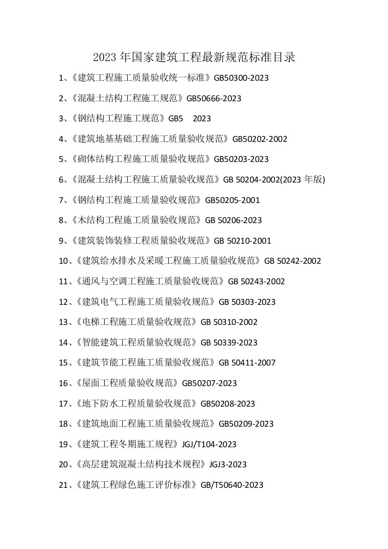 最新版的国家建筑工程施工质量验收规范目录