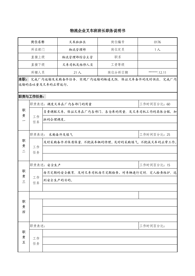 物流企业叉车班班长职务说明书