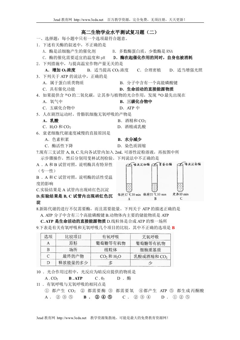 高二生物学业水平测试复习题2