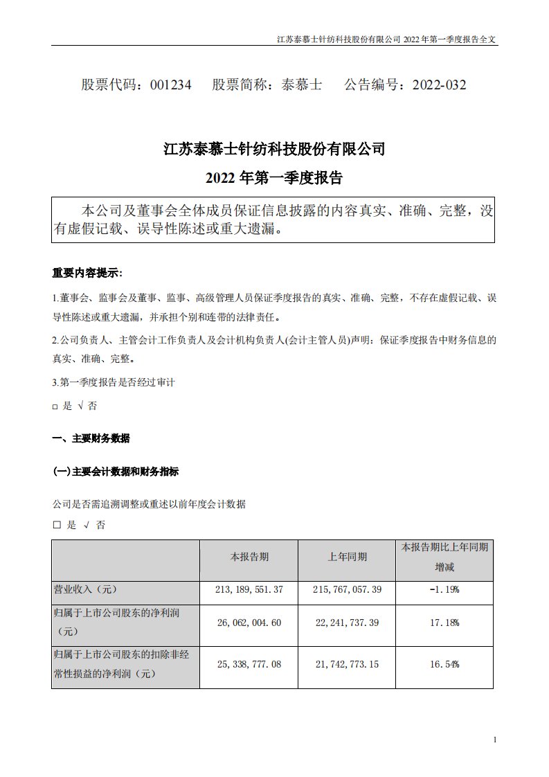 深交所-泰慕士：2022年一季度报告-20220425