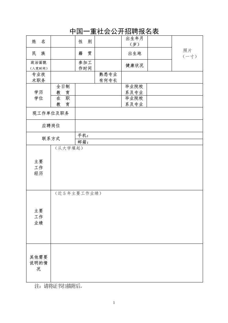 中国一重社会公开招聘报名表