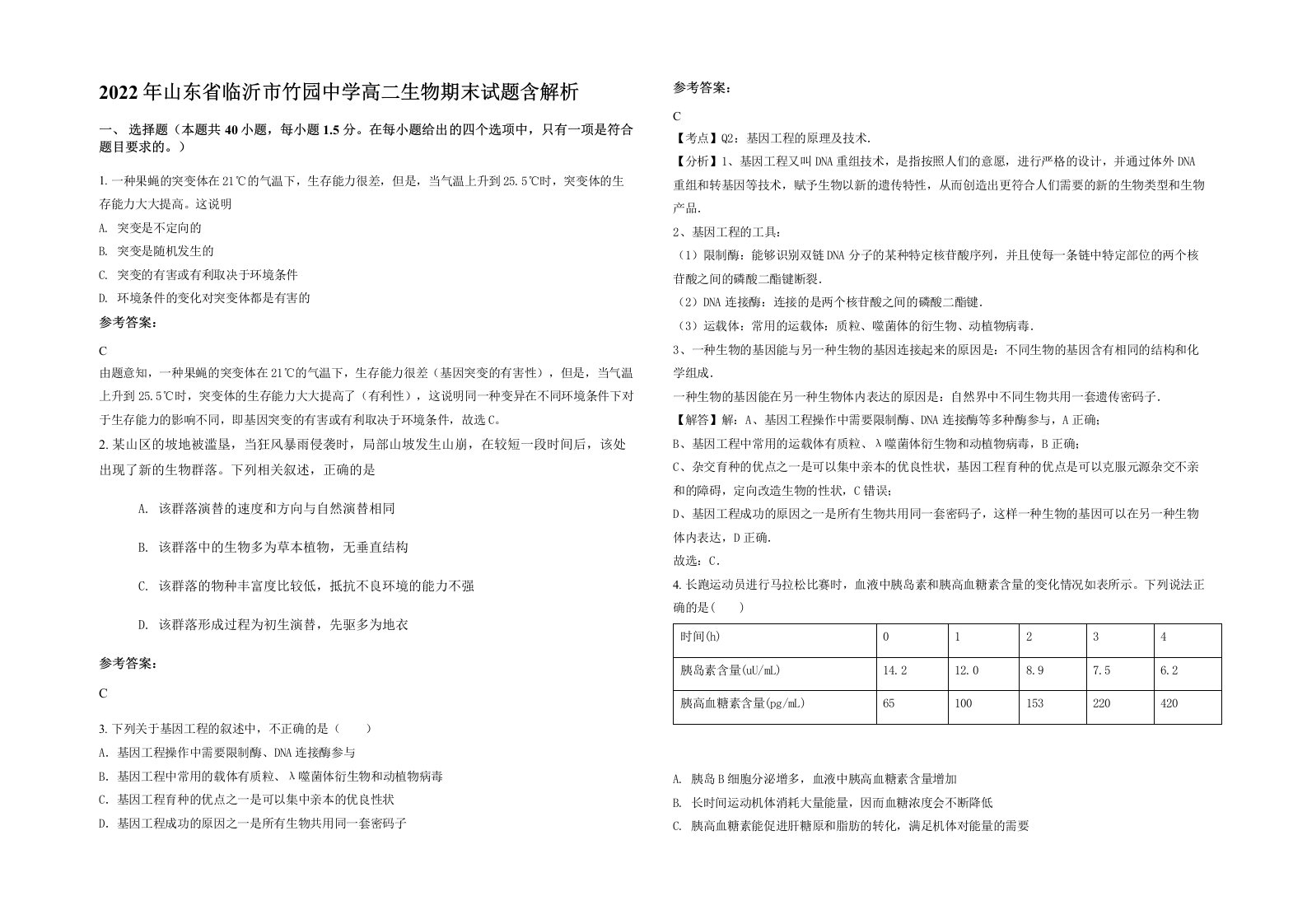 2022年山东省临沂市竹园中学高二生物期末试题含解析