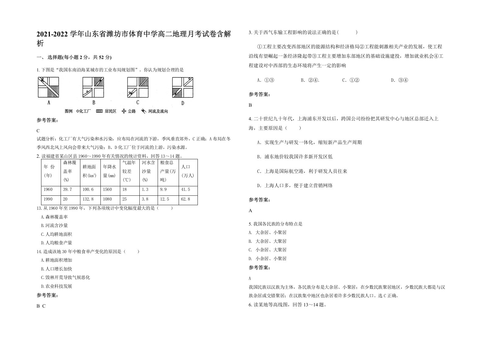 2021-2022学年山东省潍坊市体育中学高二地理月考试卷含解析