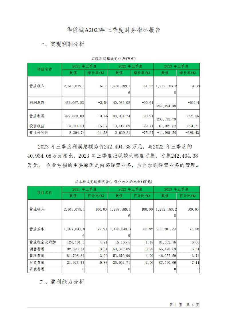 000069华侨城A2023年三季度财务指标报告