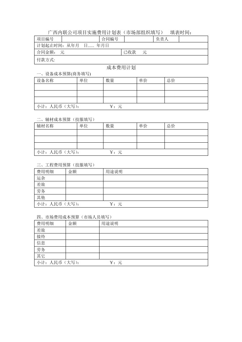 项目实施费用计划表