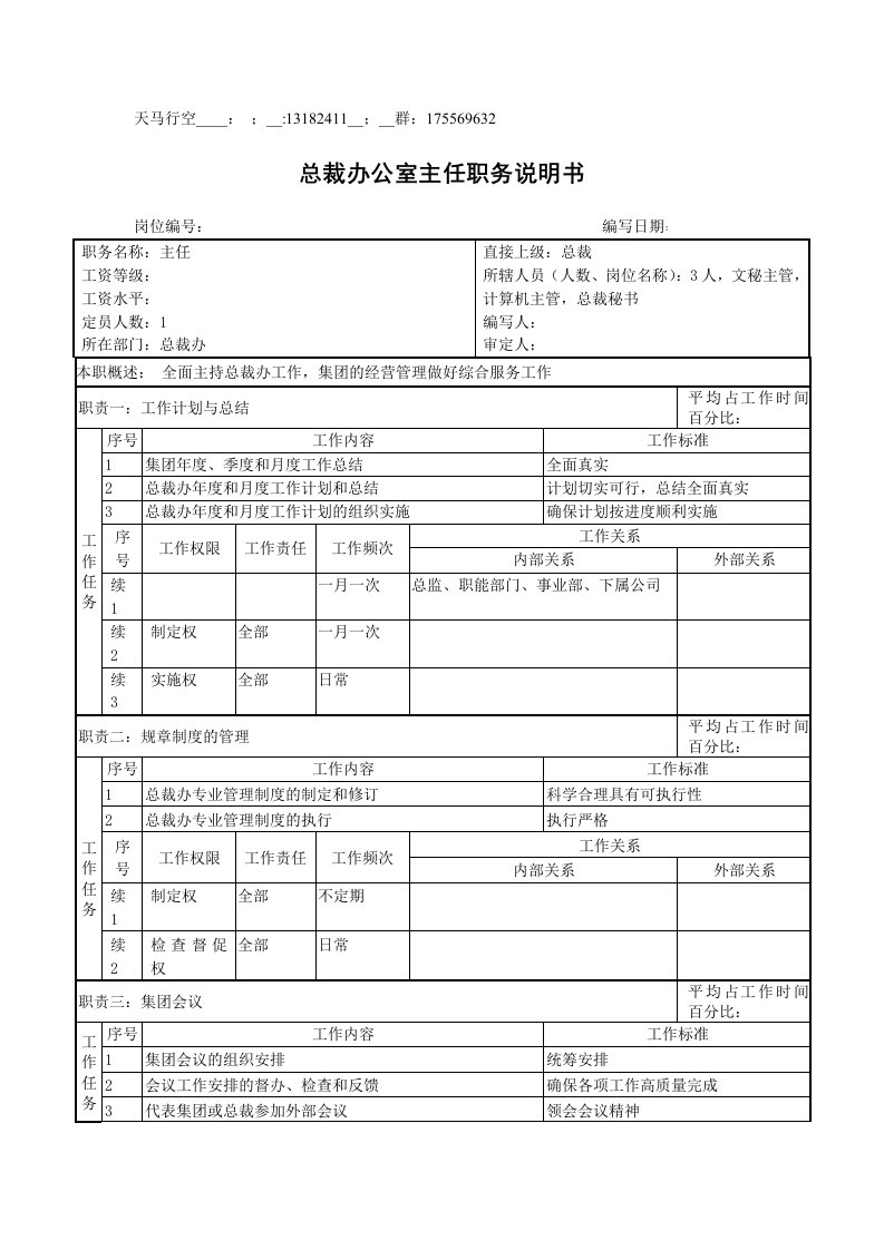 总裁办公室主任职务说明书