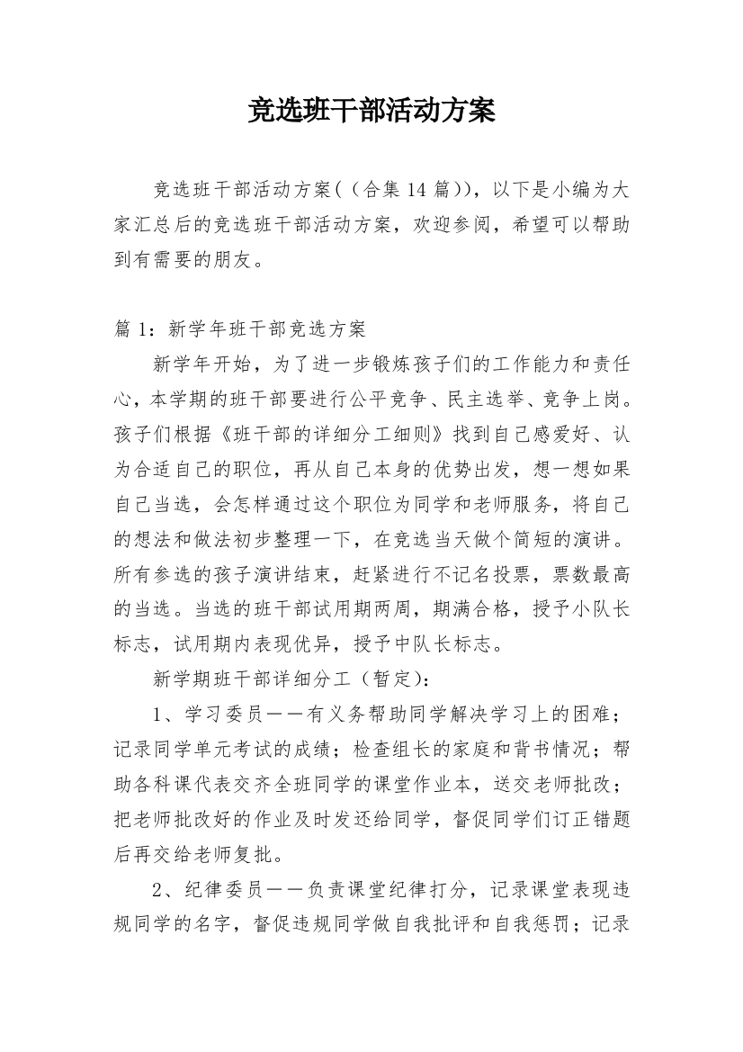 竞选班干部活动方案