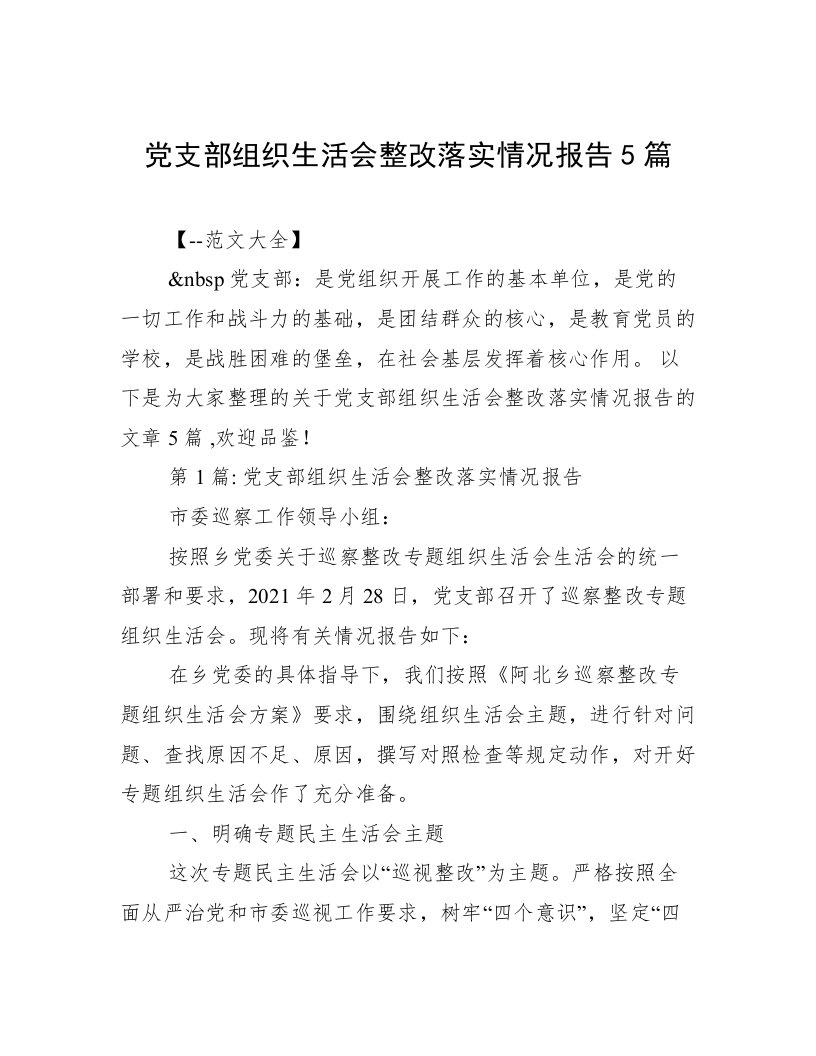 党支部组织生活会整改落实情况报告5篇